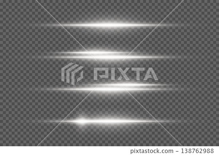 White horizontal light lines creating a glowing flare effect on transparent background 138762988