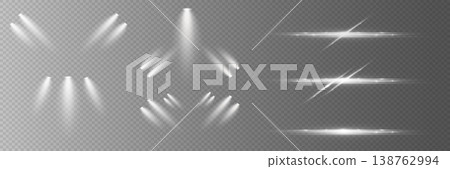 Collection of bright glare effects, spotlights, and horizontal lines for design elements Collection of bright glare effects, spotlights, and horizontal lines for design elements 138762994