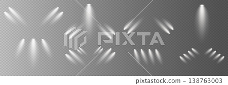 Spotlight collection with bright white light beams on transparent background Spotlight collection with bright white light beams on transparent background 138763003