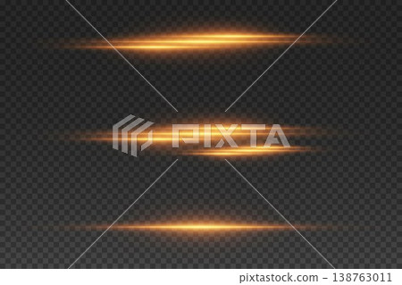 Golden glowing horizontal light strips representing speed and energy effects Golden glowing horizontal light strips representing speed and energy effects 138763011