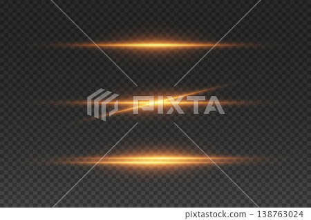 Set of golden glowing horizontal light lines and intersecting star glare effects 138763024