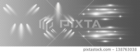 Luminous light effects creating bright streaks, star glares, and spotlight beams Luminous light effects creating bright streaks, star glares, and spotlight beams 138763038