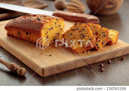 Cake with chocolate pieces on a kitchen table. Cake with chocolate pieces on a kitchen table. 138763109