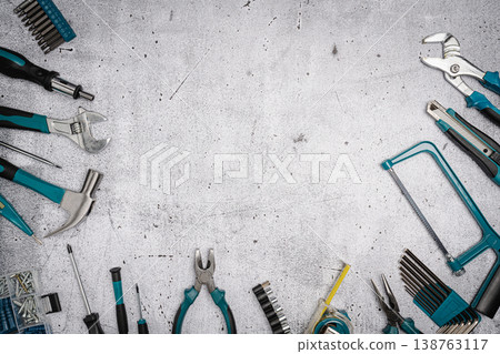 Set of tools on concrete background, Set of tools on concrete background, 138763117