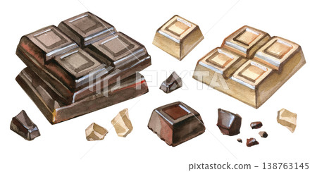 Hand drawn watercolor set of dark and milk chocolate bars featuring a whole bar, large broken chunks, and scattered pieces. Rich, realistic confectionery elements perfect for dessert menus, bakery 138763145
