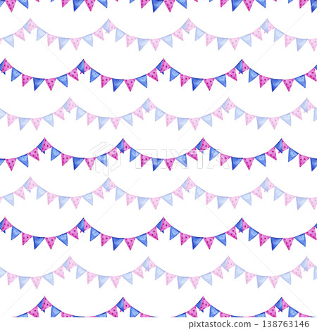 Hand drawn watercolor seamless pattern with blue and pink festive bunting flags. Elegant celebration texture with hanging pennants for baby showers, birthday decor, nursery wallpaper, and textile. Hand drawn watercolor seamless pattern with blue and pink festive bunting flags. Elegant celebration texture with hanging pennants for baby showers, birthday decor, nursery wallpaper, and textile. 138763146