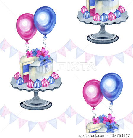 Hand drawn watercolor seamless pattern with gender reveal cakes on stands, balloons, and festive bunting. Vibrant celebration texture in pink and blue, perfect for baby shower decor and invitations. Hand drawn watercolor seamless pattern with gender reveal cakes on stands, balloons, and festive bunting. Vibrant celebration texture in pink and blue, perfect for baby shower decor and invitations. 138763147