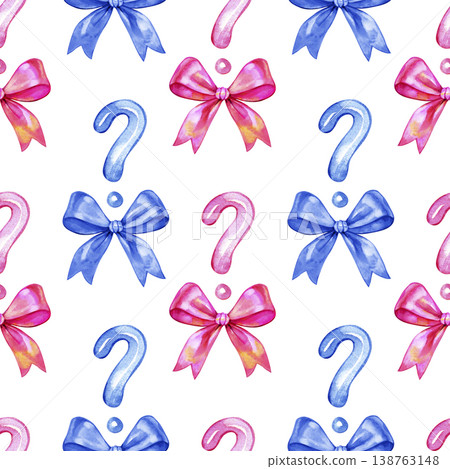 Hand drawn watercolor seamless pattern with blue and pink question marks and satin bows. Festive botanical texture for gender reveal parties, baby shower decor, textile, and mystery celebrations. Hand drawn watercolor seamless pattern with blue and pink question marks and satin bows. Festive botanical texture for gender reveal parties, baby shower decor, textile, and mystery celebrations. 138763148