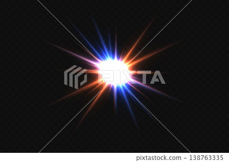 Glowing radial light creating a starburst effect with multicolored red and blue beams Glowing radial light creating a starburst effect with multicolored red and blue beams 138763335