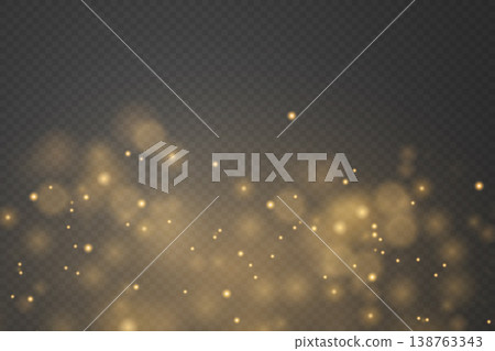 Golden shimmering particles creating a festive bokeh light effect on transparent background 138763343