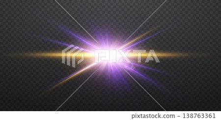 Shining starburst light effect with purple and golden rays on dark transparent grid Shining starburst light effect with purple and golden rays on dark transparent grid 138763361