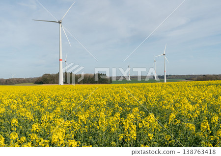 Wind turbines above yellow rapeseed field under blue sky, agricultural landscape with flowering crops and renewable energy infrastructure. Renewable energy, agriculture background, sustainability 138763418
