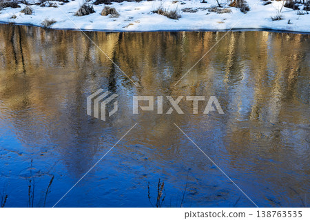 Warm and cool tones interact through shimmering reflections and dynamic ripples on water surface Warm and cool tones interact through shimmering reflections and dynamic ripples on water surface 138763535