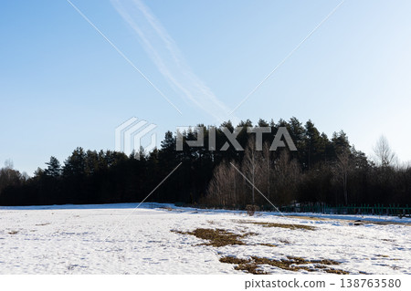 Expansive icy landscape extending toward remote woodland boundary beneath bright blue sky 138763580