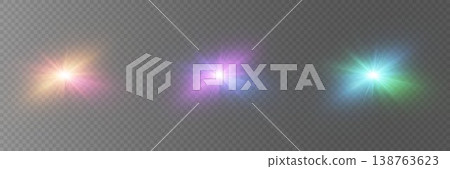 Multicolored bright lens flares providing glowing light effects on transparent background Multicolored bright lens flares providing glowing light effects on transparent background 138763623