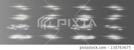 White horizontal light streaks creating motion blur and speed effect overlay collection White horizontal light streaks creating motion blur and speed effect overlay collection 138763675