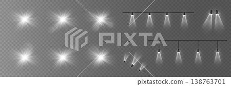 Bright optical lens flare effects with realistic projector spotlights set Bright optical lens flare effects with realistic projector spotlights set 138763701
