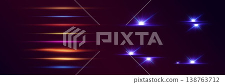 Colorful horizontal light lines with glowing starburst effects on dark background 138763712