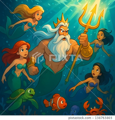 Fantasy Underwater Mythology Characters Set Triton Sea God Poseidon and Mermaids Illustration 138763803