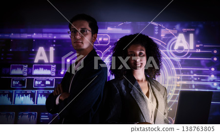 Ai and business. Team discussing and using technology artificial intelligence with digital Ai assistant. Futuristic innovation AI technology collaboration and ideas for future. IT Startup Company. 138763805