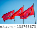 Brightly Illuminated Turkish Flags Ripple Vigorously Against Clear Blue Sky In Wind 138763873
