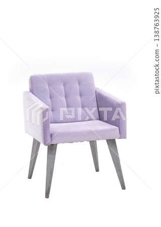 Modern lavender velvet armchair with tufted back and grey legs isolated on white. 138763925