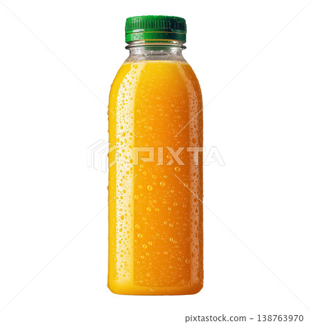 Cold orange juice in plastic bottle with green cap isolated on transparent background 138763970