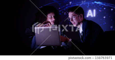Ai and Business. Team collaborating with futuristic AI workspace illuminated by digital brain and neural network visuals. Ideal for artificial intelligence innovation teamwork and technology concepts 138763971