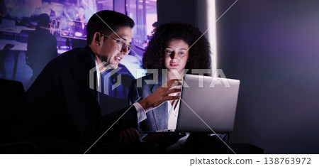 Ai and Business. Team collaborating with futuristic AI workspace illuminated by digital brain and neural network visuals. Ideal for artificial intelligence innovation teamwork and technology concepts 138763972