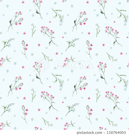 Watercolor seamless pattern with illustration green leaves and light blue forget-me-nots and pink flowers. Wildflowers herbs flowers. Wedding invites, fashion, prints, backgrounds. Mono floral pattern 138764003