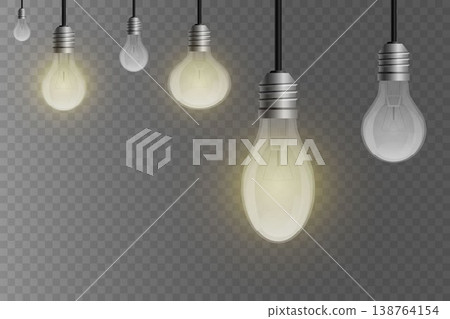 Hanging electric light bulbs offering ideas, power, invention, and solution concepts Hanging electric light bulbs offering ideas, power, invention, and solution concepts 138764154
