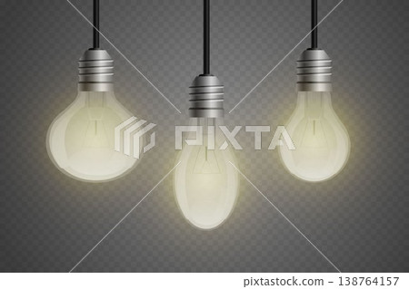 Hanging glowing light bulbs illuminating new ideas and creative solutions Hanging glowing light bulbs illuminating new ideas and creative solutions 138764157