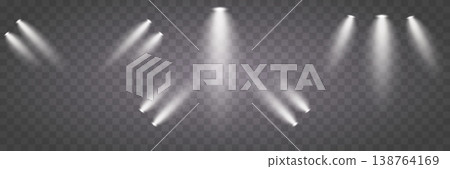 Spotlights projecting white light beams through smoke or fog background effect Spotlights projecting white light beams through smoke or fog background effect 138764169