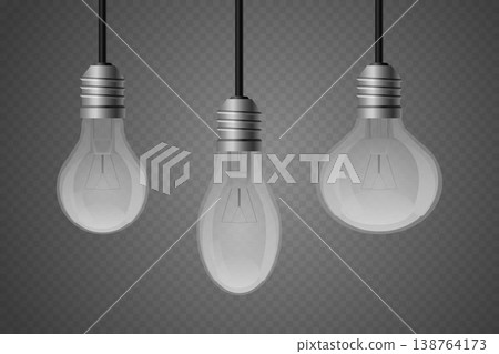 Hanging unlit retro transparent light bulbs representing ideas and innovation 138764173