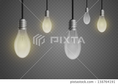 Hanging light bulbs illuminating, representing ideas, innovation, and electrical power Hanging light bulbs illuminating, representing ideas, innovation, and electrical power 138764191