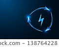 Circular energy flow concept with lightning bolt and rotating arrows symbol on dark blue background 138764228