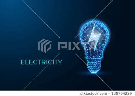 Electricity energy concept with lightning symbol inside glowing light bulb on dark blue background Electricity energy concept with lightning symbol inside glowing light bulb on dark blue background 138764229
