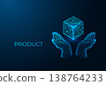 Digital product presentation with hands and cube, innovation, offering, technology solution concept  138764233
