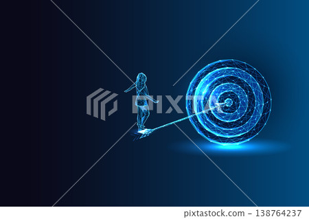 Woman balancing toward digital target, concept of focus, goal achievement and precision strategy 138764237