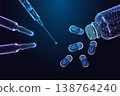 Futuristic pharmaceutical and health tech concept with capsule pills, digital bottle with syringe,  138764240
