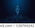 Glowing digital woman figure emerging from circuit board, futuristic artificial intelligence vector 138764242