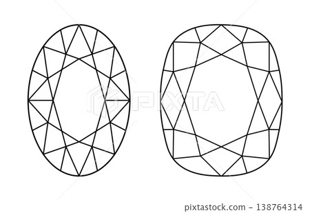 Cushion, Oval diamond cut shape. Gemstone outline patterns for jewellery design, branding, packaging, logo. Set of Cushion, Oval brilliant cut icons. Design diagram. Diamond top view. Cushion, Oval diamond cut shape. Gemstone outline patterns for jewellery design, branding, packaging, logo. Set of Cushion, Oval brilliant cut icons. Design diagram. Diamond top view. 138764314