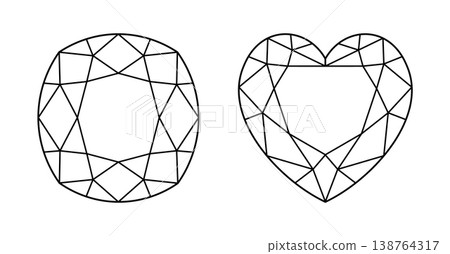 Cushion, Heart diamond cut shape icons. Brilliant Cushion, Heart shaped modified cut pattern. Precious gemstone outline sample for jewellery design, branding, packaging, logo, web, app. Design diagram 138764317