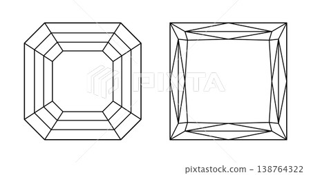 Asscher, Princess diamond cut shapes. Gemstone outline icon for jewellery design, branding, packaging, logo, digital graphic. Asscher, Princess brilliant cut patterns set. Design diagram. Asscher, Princess diamond cut shapes. Gemstone outline icon for jewellery design, branding, packaging, logo, digital graphic. Asscher, Princess brilliant cut patterns set. Design diagram. 138764322
