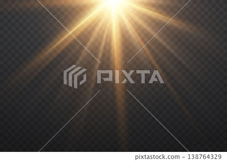 Golden light creating bright sunrays effect, lens flare on transparent background Golden light creating bright sunrays effect, lens flare on transparent background 138764329