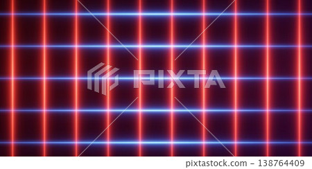 Glowing neon grid forming a digital network with bright blue and red light stripes 138764409