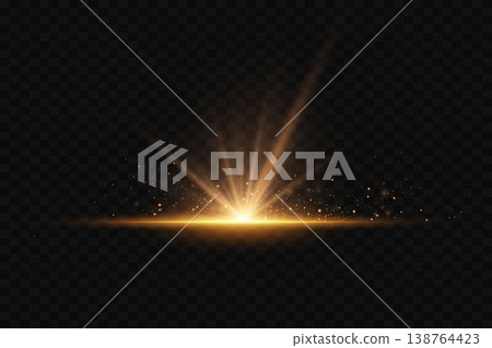 Golden light effect creating a starburst and glowing particles on dark background Golden light effect creating a starburst and glowing particles on dark background 138764423