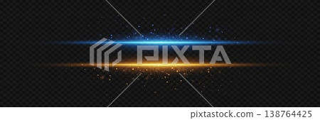 Two glowing light trails in blue and orange moving fast with particle effects 138764425