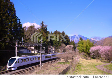 Nikko City: Spacia X train heading towards Tobu Nikko Station and cherry blossoms in full bloom. 138764432
