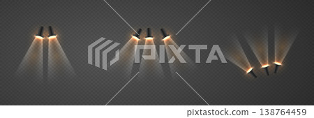Warm spotlights illuminating transparent background, multiple light beams for stage design Warm spotlights illuminating transparent background, multiple light beams for stage design 138764459